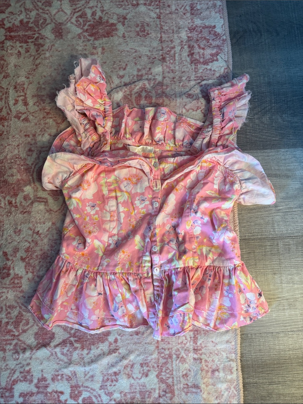 LoveShackFancy Pink Floral Ruffled Button-Front Tank Top
